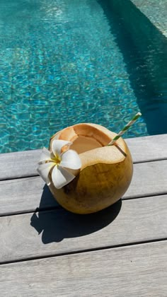 a coconut bowl with a flower in it sitting on a wooden table next to a pool