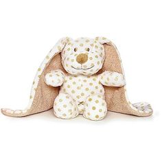 a stuffed animal with polka dots on it's face and legs, sitting in front of a white background