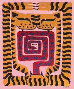 a painting of two cats on top of a red and yellow square with black stripes