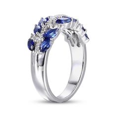 This splendid ring brings the perfect splash of color to your wardrobe. Marquise-cut blue lab-created sapphires gleam amid twinkling round white lab-created sapphire accents. A center row of white lab-created sapphires adds an extra dainty touch of sparkle to the sterling silver band. White Lab, Kay Jewelers, Silver Prices, Sapphire Stone, Marquise Cut, Sterling Silver Bands, White Ring, Ring Sterling Silver, Blue Stone