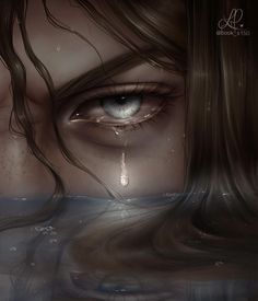 a woman's face with tears on her eyes and water in the foreground