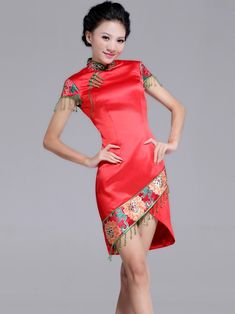 Short Cheongsam / Qipao / Chinese Wedding / Evening Dress Chinese Collar Dress, Chinese Prom Dress, Moda China, Qun Kwa, Wedding Evening Dress, Chinese Qipao, Chinese Traditional Dress