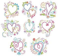 six hearts with swirls and flowers in the center, all drawn by hand on a white background