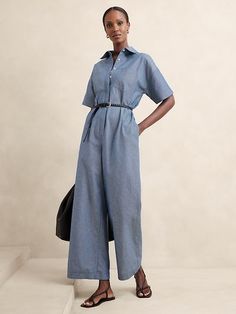 Tie-Waist Jumpsuit | Banana Republic Factory Tie Waist Jumpsuit, Blue Jumpsuit, Essential Dress, Short Sleeve Jumpsuits, Workout Attire, Blue Jumpsuits, Leg Cuffs, Banana Republic Factory, Dress For Success