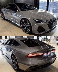 two different views of the front and back of a silver sports car in a showroom