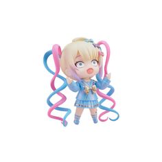 an action figure is shown in the air with pink and blue streamers around it