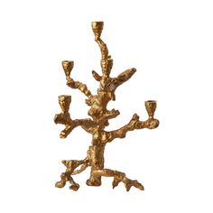 a gold tree is shown against a white background and has five candles in the shape of branches