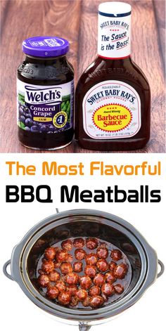 the ingredients for crockpot bbq meatballs are shown in this collage