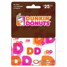 dunkin'donuts gift card with the letter d in orange, pink and purple