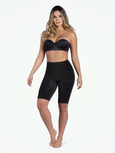 Curveez® Second Skin Thigh Slimmer Black Sculpting Shapewear With Built-in Shorts, Compression Shapewear With Built-in Bra And Short Leg, Compressive Shapewear With Built-in Bra And Short Leg, Full Coverage Smoothing Shapewear For Workout, Black Sculpting Shapewear For Workout, Black Compressive Sleek Shapewear, Sleek Black Compressive Shapewear, Sculpting Shapewear With Contoured Waistband, Mid-thigh Length, Sculpting Smoothing Mid-thigh Shapewear