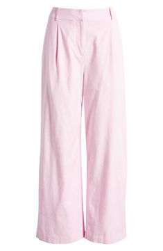 On-trend wide legs lend sophisticated drama to lightweight linen-blend pants designed with a crisp pleated front. 29" inseam; 20 1/2" leg opening; 12" front rise; 16" back rise (size 8) Zip fly with hook-and-bar closure Front slant pockets 53% linen, 44% rayon, 3% spandex Machine wash, tumble dry Imported Spring Pleated Wide Leg Pants, Spring Pleated Ankle-length Wide Leg Pants, Pleated Ankle-length Wide Leg Pants For Spring, Spring Relaxed Fit Pleated Bottoms, Chic Pleated Cotton Wide Leg Pants, Chic Cotton Pleated Wide Leg Pants, Spring Linen Wide Leg Pants, Spring Linen Pleated Bottoms, Spring Pleated Linen Bottoms