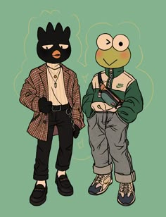 two cartoon characters are standing next to each other, one is wearing a black mask and the other has a green background