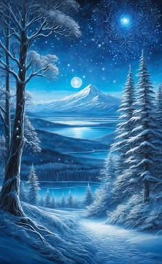 a painting of snow covered trees and the night sky