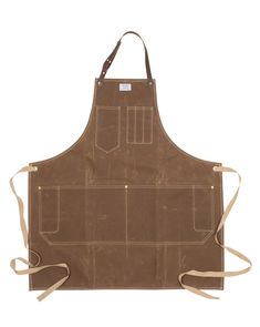 a brown apron with straps hanging from it's front and side pockets, on a white background