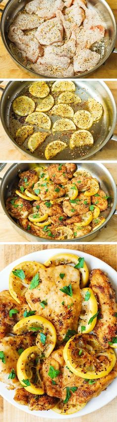 four different pans filled with food on top of a wooden table