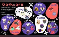 several different types of cartoon characters on black background with text that reads gothe, lazyy, sleepy, sleepy