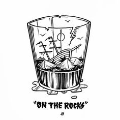 an ink drawing of a glass filled with ice cubes and the words on the rocks