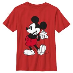 Who knew that dressing "mousey" could be so cute!? Celebrate Walt Disney's most iconic character with this officially licensed Mickey & Friends Classic Mouse Flowers Boys' Graphic T-Shirt! This cute tee features the classic retro Mickey Mouse smiling and holding a bouquet of flowers behind his back printed across the front. Grab one of these adorable new Mickey Mouse styles today for the perfect look for your next trip to Disneyland! Fun Red Minnie Mouse T-shirt, Red Minnie Mouse Tops For Disney Fan Events, Red Minnie Mouse Top For Disney Fan Events, Red Mickey Mouse T-shirt For Disney Fan Events, Cute Mickey Mouse T-shirt For Fans, Playful Mickey Mouse T-shirt For Disney Fan Events, Cute Mickey Mouse T-shirt For Fan Merchandise, Cute Mickey Mouse T-shirt Fan Merchandise, Disney Character Print Red T-shirt