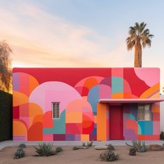 a colorful building with palm trees in front of it and a sky background that looks like an abstract painting