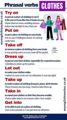 a poster with instructions on how to wear clothes in english and spanish, including the phrase phrasal verbs