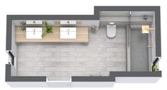 an overhead view of a bathroom with toilet, sink and shower