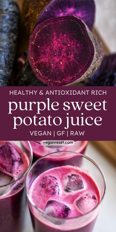 purple sweet potato juice in glasses with text overlay