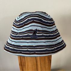 Kangol Optical Stripe Bell Bucket Hat, Size Regular New Never Worn. Casual Striped Short Brim Hat, Casual Striped Bucket Hat With Curved Brim, Casual Striped Brimmed Bucket Hat, Retro Blue Bucket Hat With Curved Brim, Kangol Bucket Hat Outfit, Kangol Street Style, Retro Wide Brim Blue Hat, Kangol 504 Outfit, Blue Retro Bucket Hat With Curved Brim