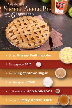 an apple pie is shown with ingredients to make it