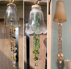 three pictures of different types of glass and beaded items hanging from the side of a wall