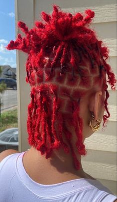 Dyed Loc Inspiration, Locs Colors Ideas, Dreadloc Colors, Red Short Locs, Dread Hair Color Ideas, Red And Orange Locs, Red And Blonde Locs Black Women, Loc Hair Dye Ideas, Red Locs Hairstyles