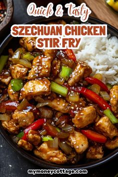 chicken stir fry in a bowl with rice and peppers on the side text reads quick & tasty