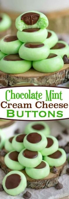 chocolate mint cream cheese button cookies with green frosting on top and in the middle