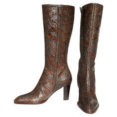 NWT Oscar de la Renta Leather Knee Boots Italian size 37 Brown Floral tooled over the they gray color make this boots very unique. Hand welted, Stacked heel, Side zip closure. Shaft height - 15 inches, Calf circumference - 12.75", Heel height - 3". Made in Italy. New with box. Leather Knee Boots, Tooled Leather, Brown Floral, Leather Tooling, Stacked Heel, Knee Boots, Brown And Grey, Clothing And Shoes, Gray Color