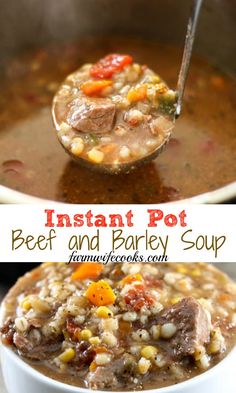 instant pot beef and barley soup in a white bowl with a ladle full of the soup