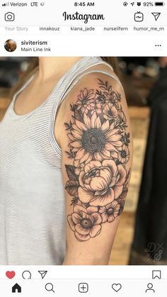 a woman with a sunflower tattoo on her arm and shoulder is shown in the instagram