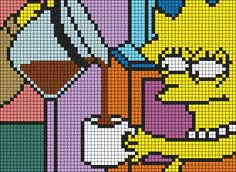 the simpsons character is holding a glass of wine in front of a pixellated background