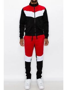 Introducing our Color Block Track Suit, the epitome of modern sportswear. This multi color ensemble exudes effortless style, perfect for the fashion-forward man seeking comfort and sophistication. Casual Red Tracksuit For Streetwear, Red Casual Tracksuit For Fall, Casual Red Tracksuit For Fall, Red Cotton Sporty Tracksuit, Sporty Cotton Color Block Sets, Red Cotton Athleisure Tracksuit, Sporty Relaxed Fit Sets For Spring, Black Athleisure Tracksuit For Spring, Sporty Streetwear Sets With Relaxed Fit