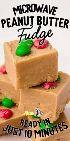 three pieces of peanut butter fudge stacked on top of each other with the title above it