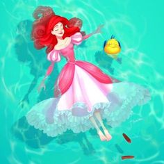 the little mermaid is floating in the water