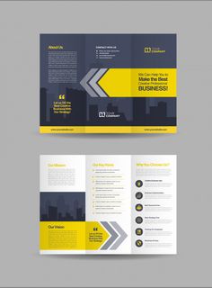 a yellow and gray business brochure with arrows on the front, side and back