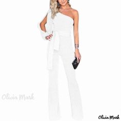 Olivia Mark - Stylish Off-Shoulder Jumpsuit with Figure-Enhancing Fit and Elegant Bow Tie Slim Bodysuit, Off Shoulder Jumpsuit, Monochrome Design, Bow Belt, Womens Knit Dresses, Pant Length, Long Sleeve Jumpsuit, Layered Skirt, Body Contouring