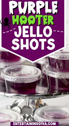 purple hooter jello shots in plastic cups with the words purple hooter jello shots