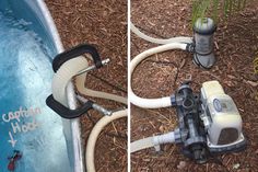 two pictures of a water pump with hoses attached to it and another photo of an inflatable pool