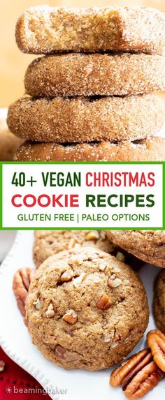 cookies stacked on top of each other with text overlay that reads 40 + vegan christmas cookie recipes