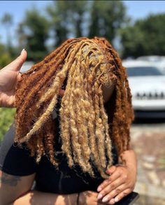 Blonde Loc Extensions Permanent, Medium Size Loc Styles Women, Ginger And Blonde Hair Black Women Locs, Peek A Boo Dreadlocks, Circle Part Locs, Shades Of Brown Locs, Loc Color Combo, Skunk Strip On Locs, Two Toned Locs Black Women