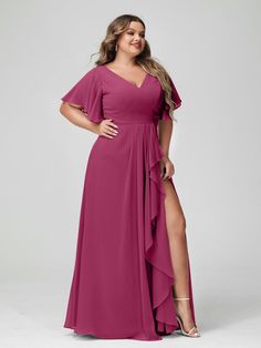 Lavetir sells a large selection of 2025 plus size bridesmaid dresses and wedding party dresses online. Our style creates a graceful and balanced silhouette that's perfect for plus sizes. Ideal for plus-size figures who want to accentuate their curves. Here is the dress detail: Fabric: Chiffon; Silhouette: A-Line/Princess; Neckline: V-Neck; Hemline/Train: Floor-Length; Embellishment: Split Side; Ruffles; Sleeve: Half Sleeves; Waist: Natural; Back Style: Zipper; Built-In Bra: Yes; Season: Spring;S Bridesmaid Gown Chiffon, Ruffles Sleeves, Evening Gowns With Sleeves, Chiffon Evening Dress, Burgundy Bridesmaid, Plus Size Bridesmaid, Evening Dresses With Sleeves, Burgundy Bridesmaid Dresses, Gala Events