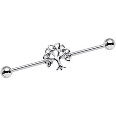 a metal ball and tree design barbell with two balls on each end, in silver