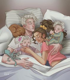 an image of a family laying in bed with the child sleeping on his chest and two adults holding their children