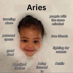 an image of a child in the bathtub with words above it that say aries