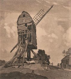 an old drawing of a windmill on top of a hill